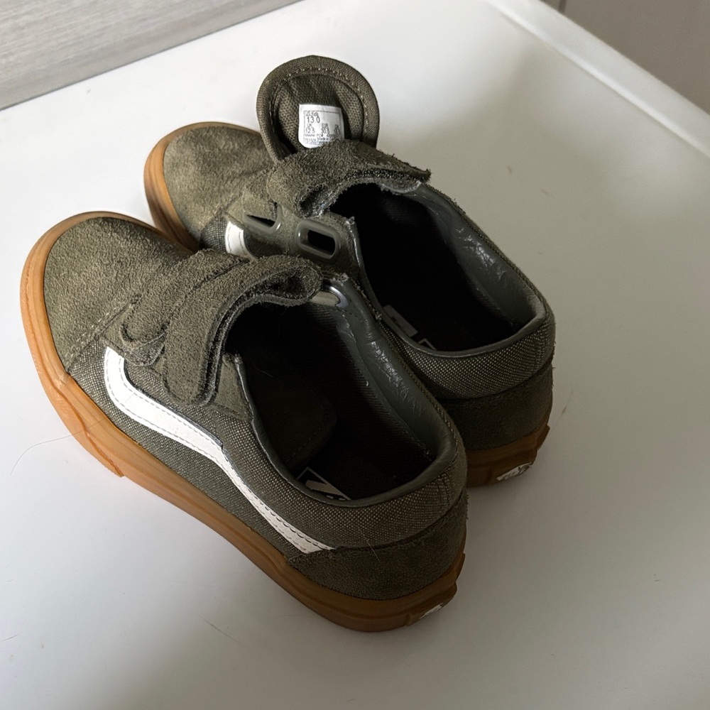 Vans Kids Olive Green Suede Sneakers with White Stripe and Gum Sole